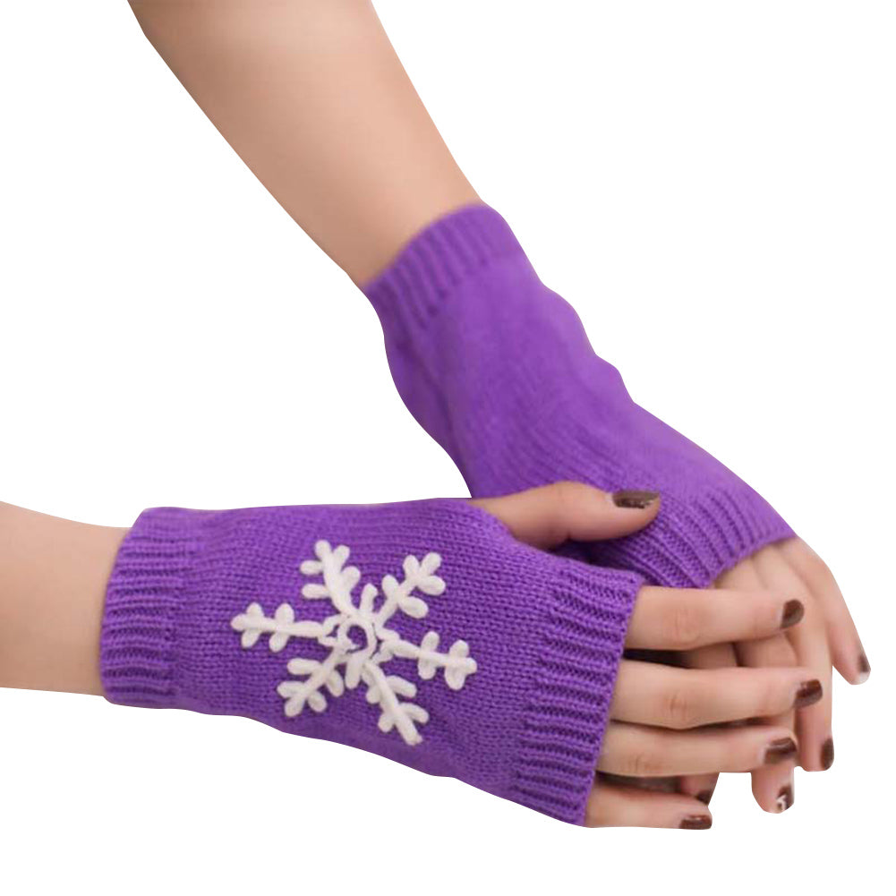Lady Soft Winter Knitted Half Christmas Embroidery Snowflakes Fingerless Gloves