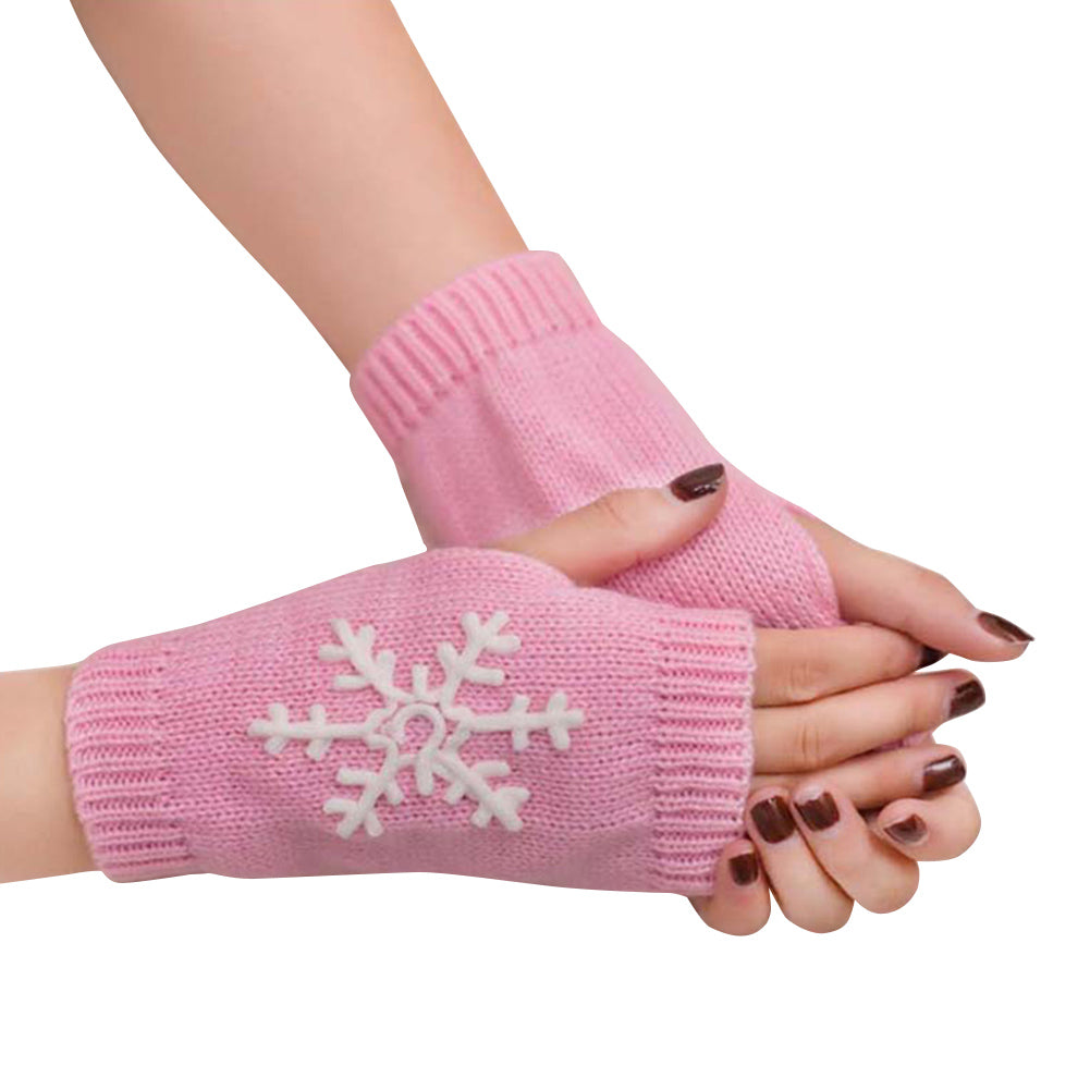 Lady Soft Winter Knitted Half Christmas Embroidery Snowflakes Fingerless Gloves