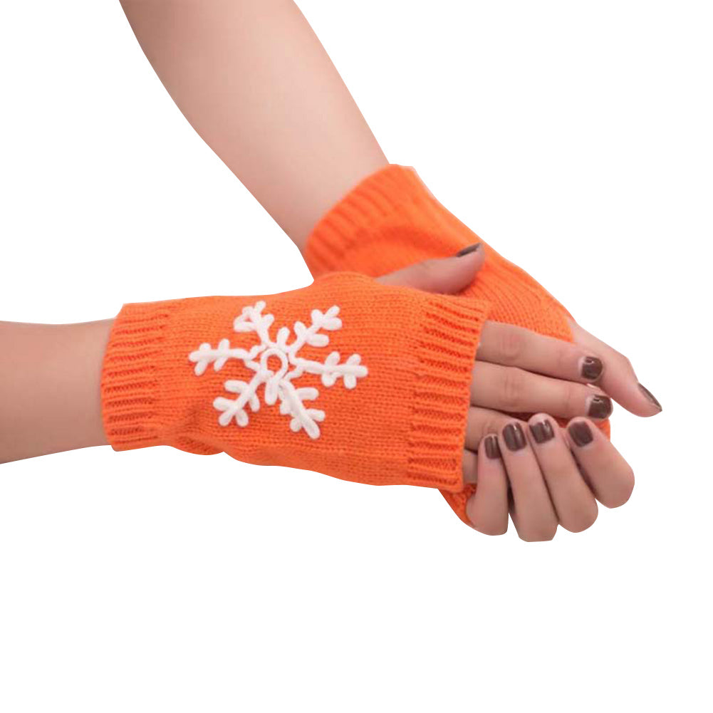 Lady Soft Winter Knitted Half Christmas Embroidery Snowflakes Fingerless Gloves