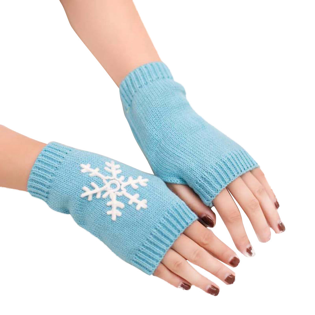 Lady Soft Winter Knitted Half Christmas Embroidery Snowflakes Fingerless Gloves