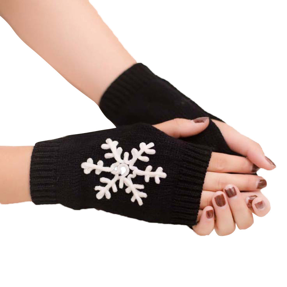 Lady Soft Winter Knitted Half Christmas Embroidery Snowflakes Fingerless Gloves