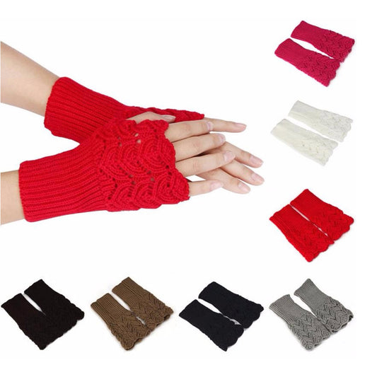 Fashion Winter Fingerless Gloves Solid Color Women Knitted Hollow Heart Mittens