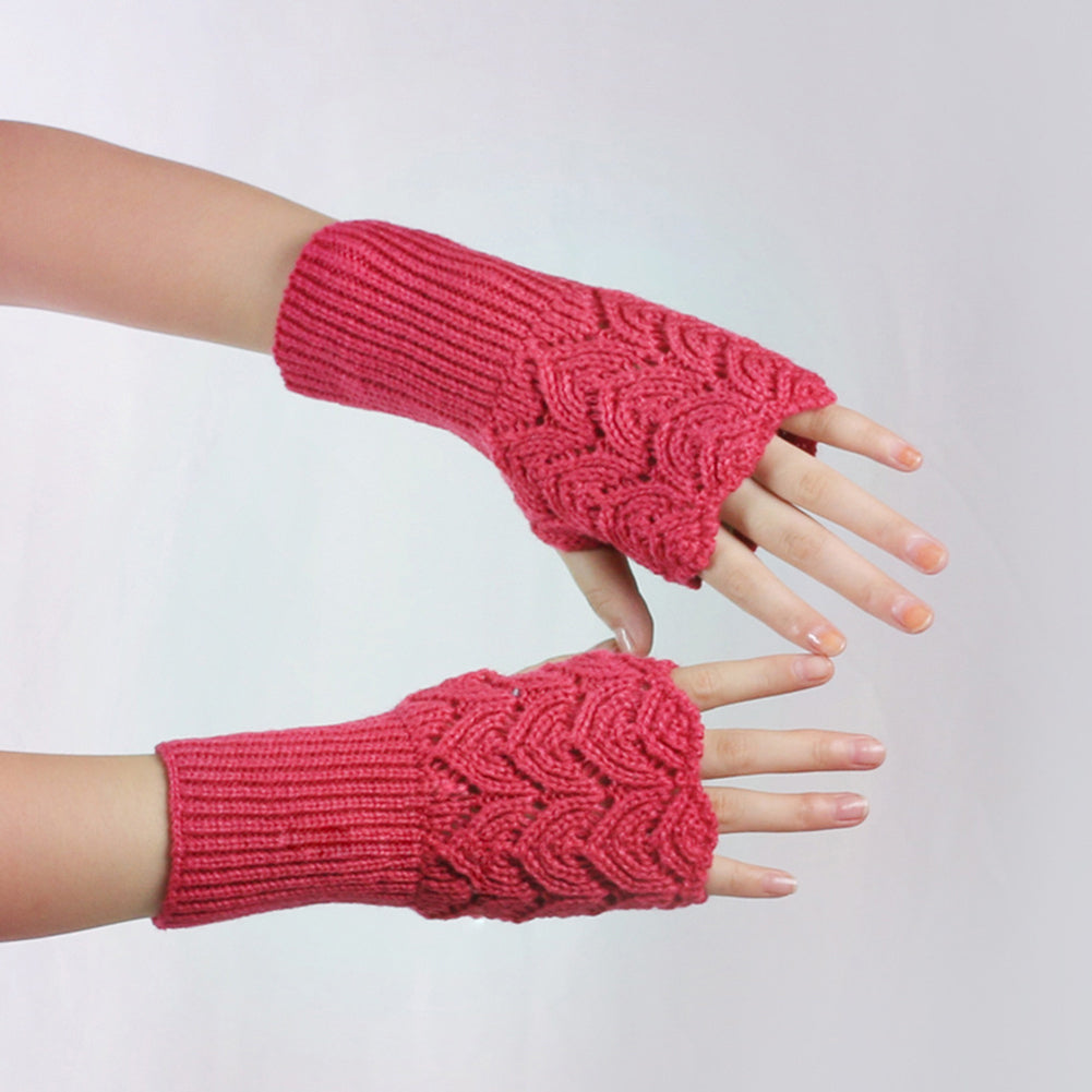 Fashion Winter Fingerless Gloves Solid Color Women Knitted Hollow Heart Mittens
