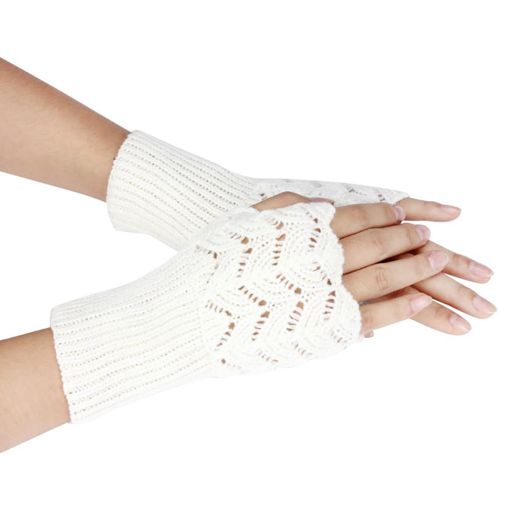 Fashion Winter Fingerless Gloves Solid Color Women Knitted Hollow Heart Mittens