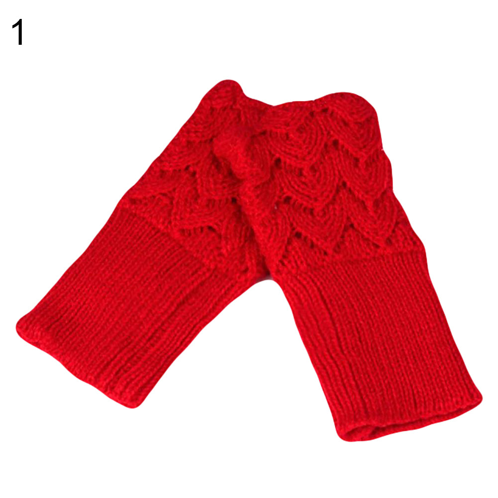 Fashion Winter Fingerless Gloves Solid Color Women Knitted Hollow Heart Mittens