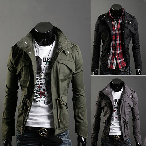Men's Korean Style Cool Zipper Button Front Pockets Drawstring Jacket Coat