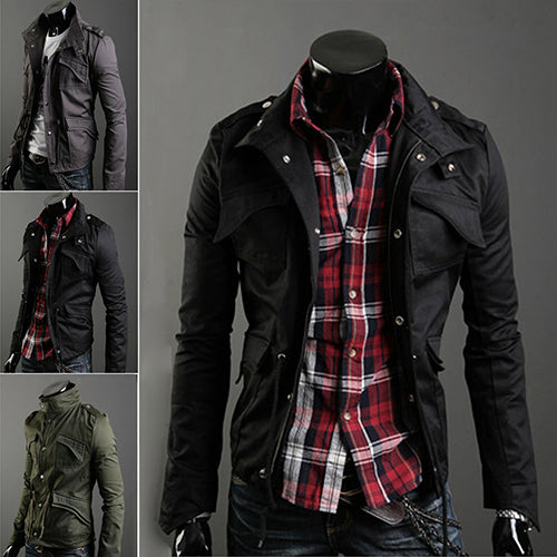 Men's Korean Style Cool Zipper Button Front Pockets Drawstring Jacket Coat