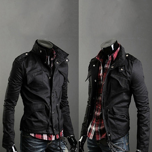 Men's Korean Style Cool Zipper Button Front Pockets Drawstring Jacket Coat
