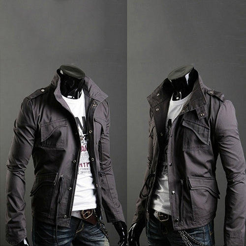 Men's Korean Style Cool Zipper Button Front Pockets Drawstring Jacket Coat