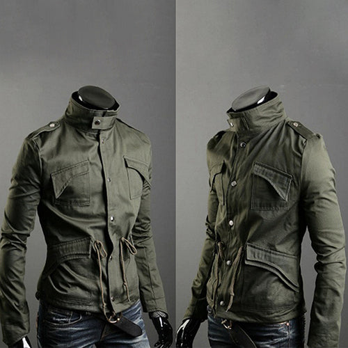 Men's Korean Style Cool Zipper Button Front Pockets Drawstring Jacket Coat