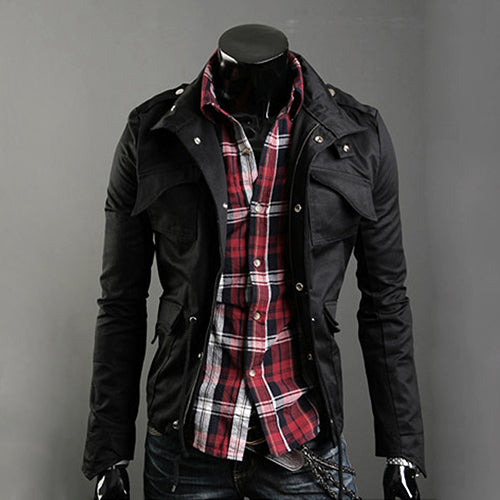 Men's Korean Style Cool Zipper Button Front Pockets Drawstring Jacket Coat