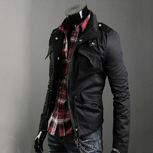 Men's Korean Style Cool Zipper Button Front Pockets Drawstring Jacket Coat