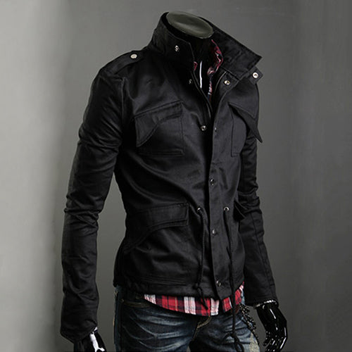 Men's Korean Style Cool Zipper Button Front Pockets Drawstring Jacket Coat
