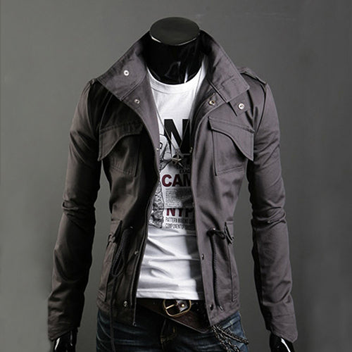 Men's Korean Style Cool Zipper Button Front Pockets Drawstring Jacket Coat