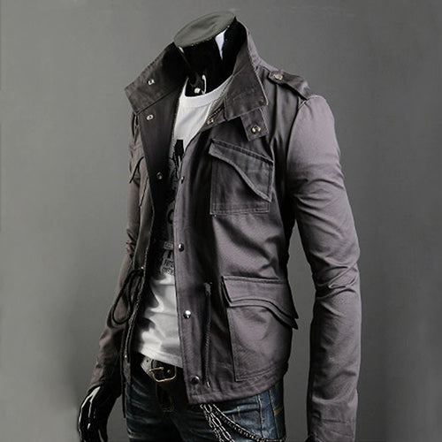 Men's Korean Style Cool Zipper Button Front Pockets Drawstring Jacket Coat