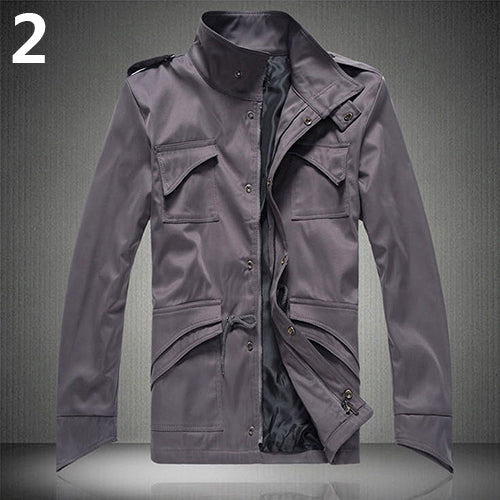 Men's Korean Style Cool Zipper Button Front Pockets Drawstring Jacket Coat