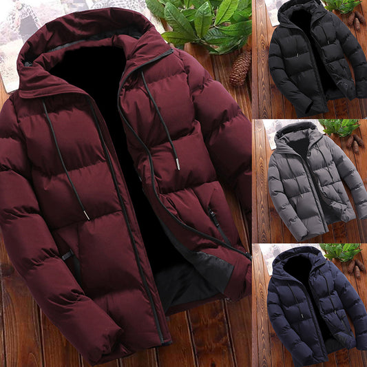Plus Size Winter Men Solid Color Hooded Down Jacket Thick Warm Long Sleeve Coat