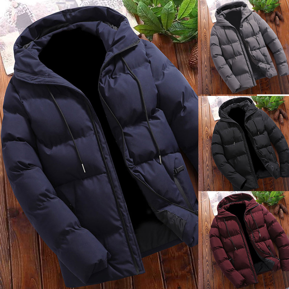 Plus Size Winter Men Solid Color Hooded Down Jacket Thick Warm Long Sleeve Coat