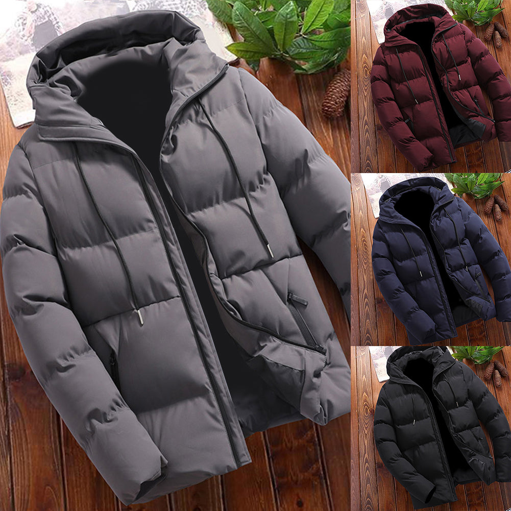 Plus Size Winter Men Solid Color Hooded Down Jacket Thick Warm Long Sleeve Coat