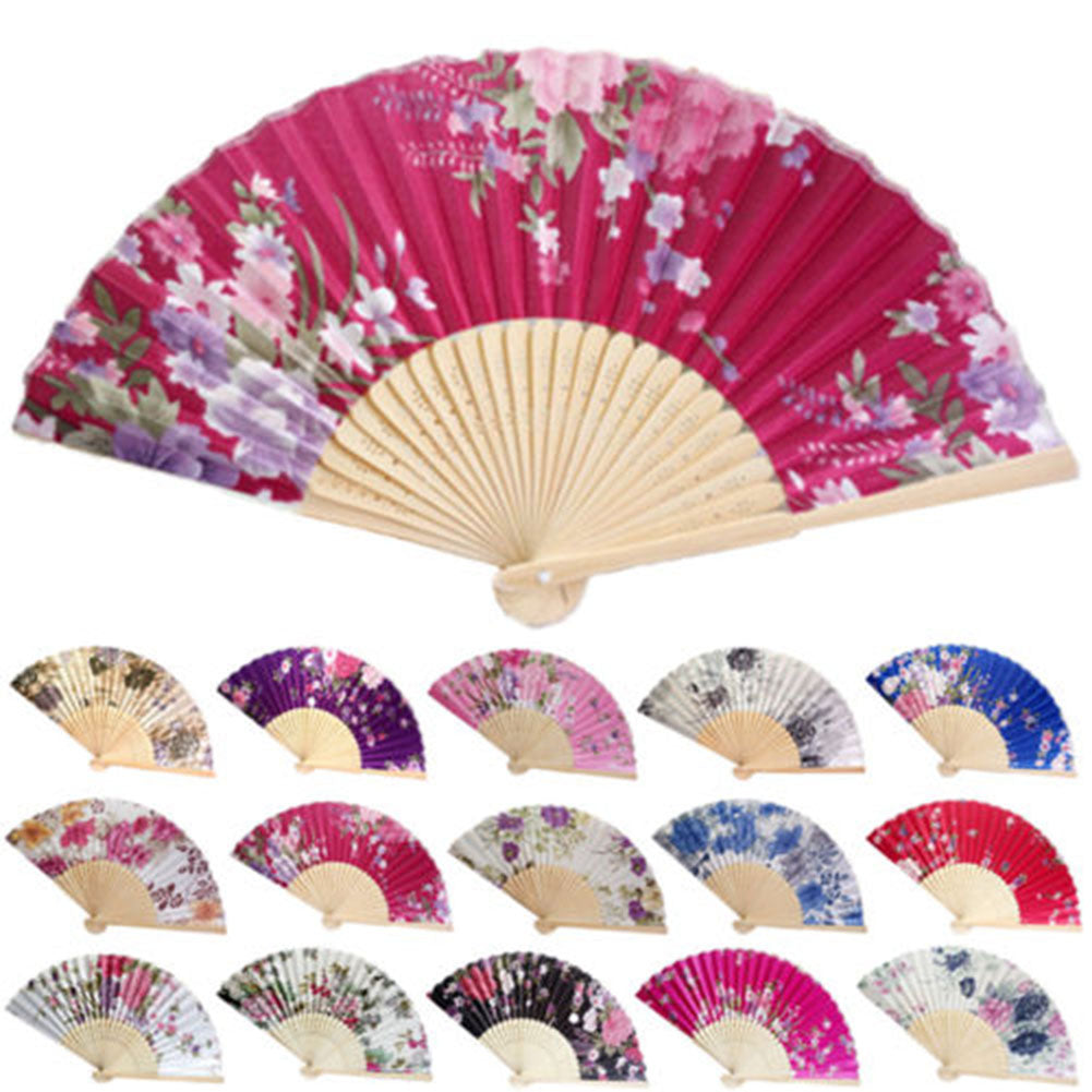 Vintage Bamboo Folding Hand Held Flower Fan Chinese Dance Beautiful Craft Gift