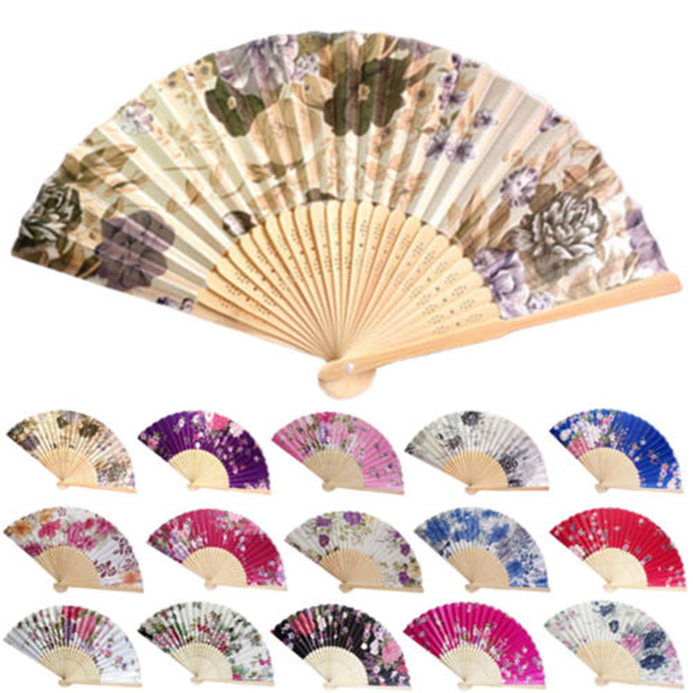 Vintage Bamboo Folding Hand Held Flower Fan Chinese Dance Beautiful Craft Gift