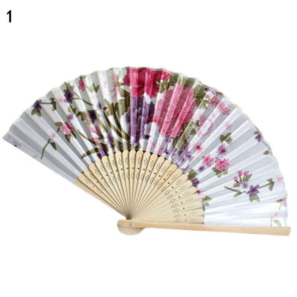 Vintage Bamboo Folding Hand Held Flower Fan Chinese Dance Beautiful Craft Gift