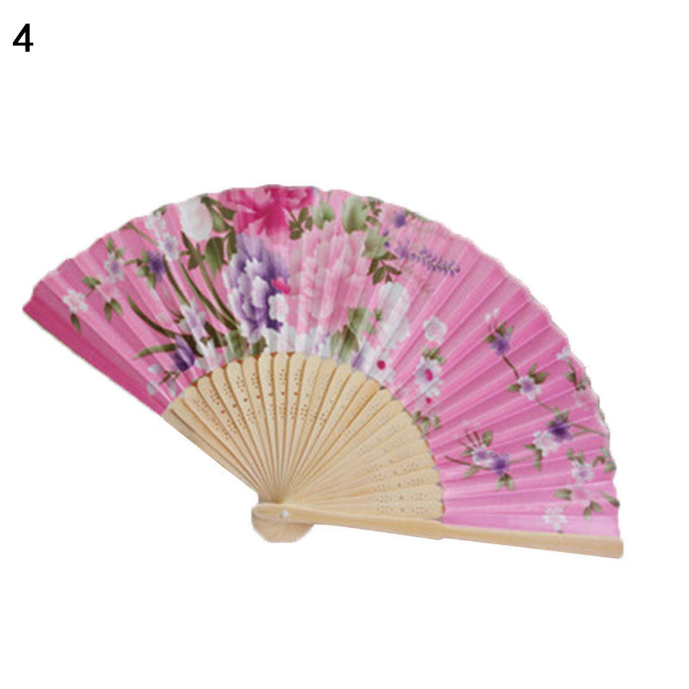 Vintage Bamboo Folding Hand Held Flower Fan Chinese Dance Beautiful Craft Gift