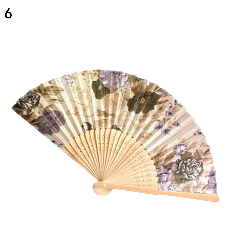 Vintage Bamboo Folding Hand Held Flower Fan Chinese Dance Beautiful Craft Gift