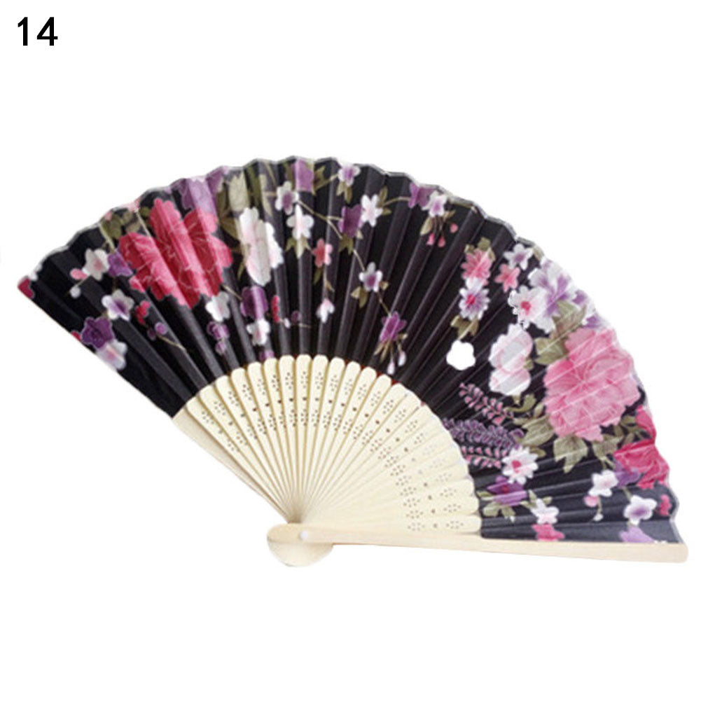 Vintage Bamboo Folding Hand Held Flower Fan Chinese Dance Beautiful Craft Gift