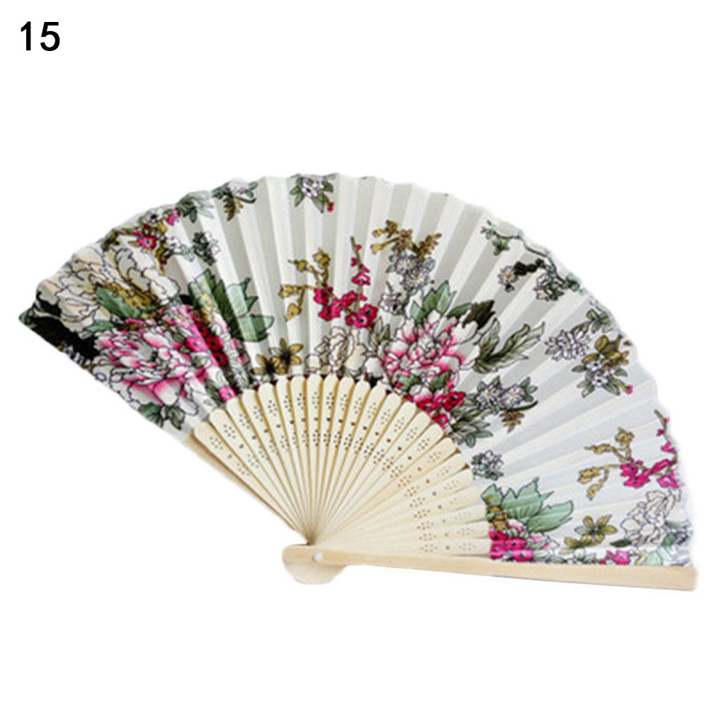 Vintage Bamboo Folding Hand Held Flower Fan Chinese Dance Beautiful Craft Gift