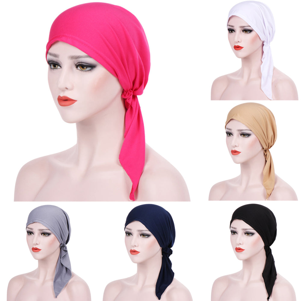 Elegant Solid Color Ruffle Silky Head Wrap Turban Elastic Muslim Women Hijab