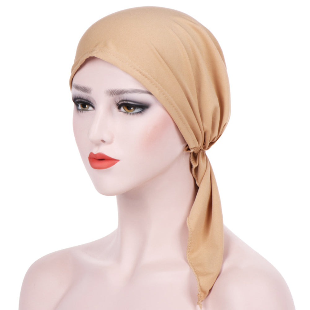 Elegant Solid Color Ruffle Silky Head Wrap Turban Elastic Muslim Women Hijab