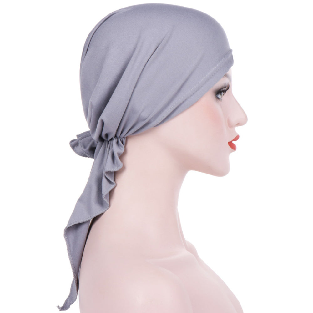 Elegant Solid Color Ruffle Silky Head Wrap Turban Elastic Muslim Women Hijab