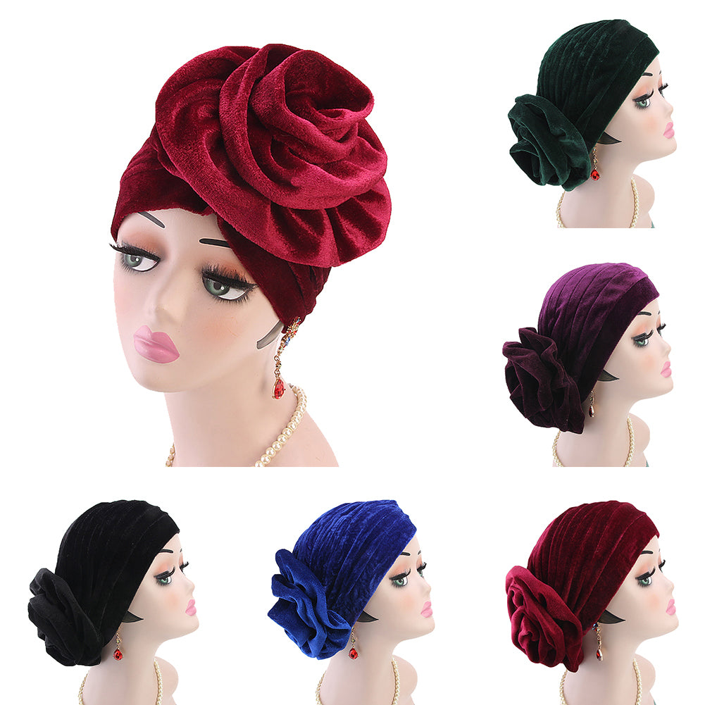 Solid Color Muslim Women Floral Turban Hat Velvet Chemo Cap Bandana Headwrap