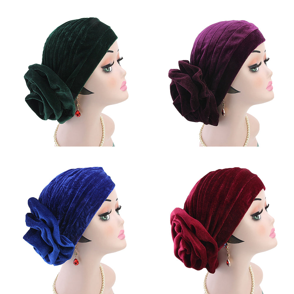 Solid Color Muslim Women Floral Turban Hat Velvet Chemo Cap Bandana Headwrap
