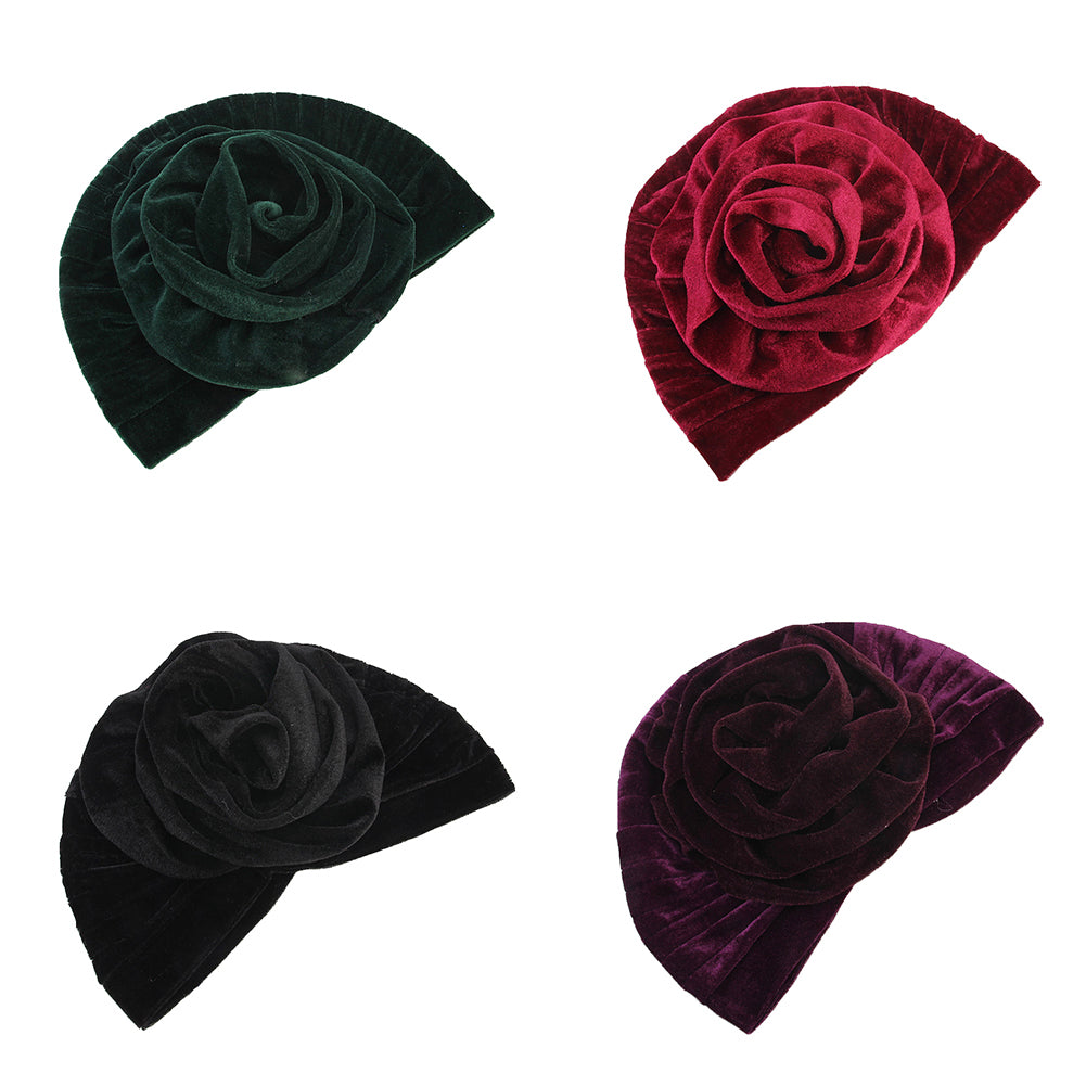 Solid Color Muslim Women Floral Turban Hat Velvet Chemo Cap Bandana Headwrap