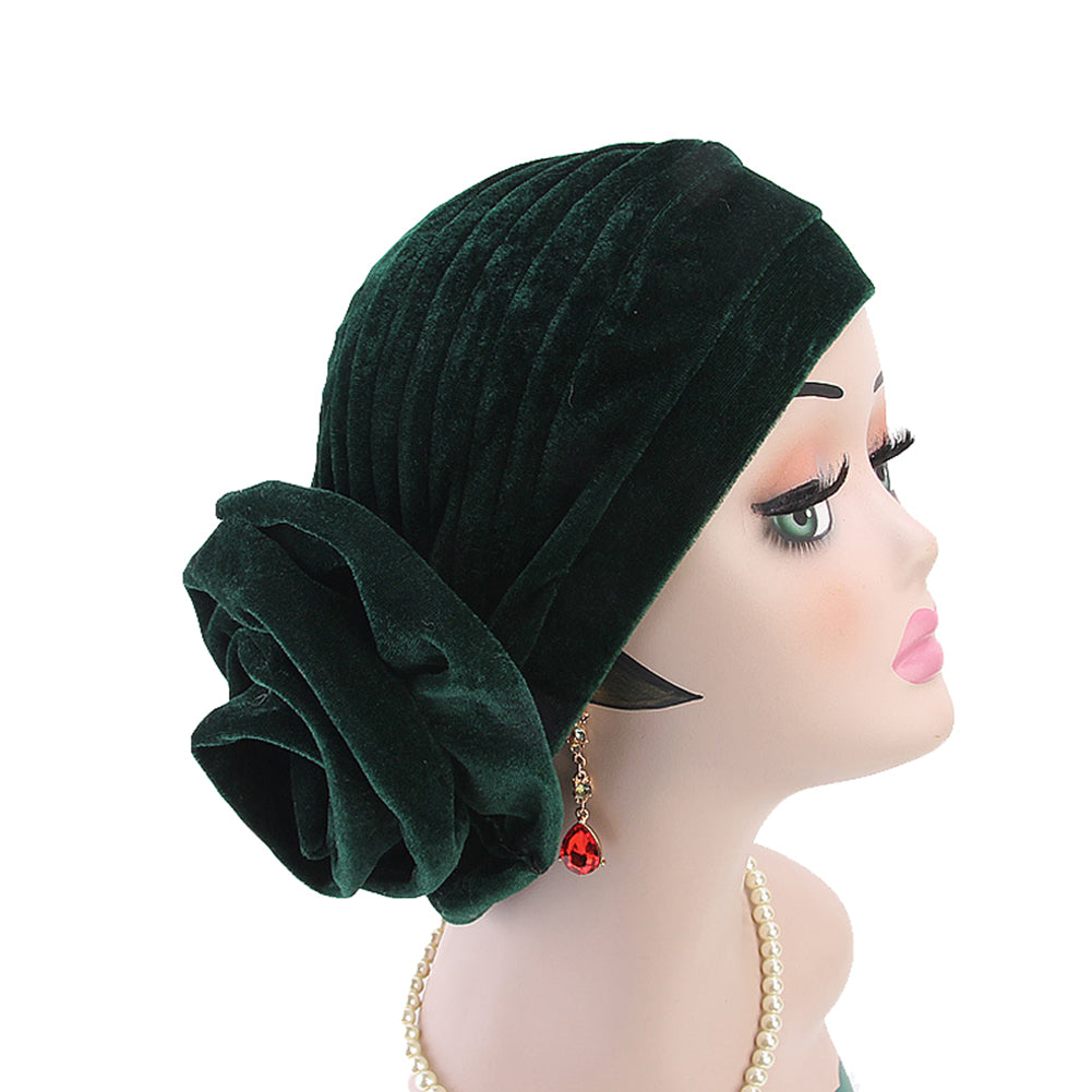 Solid Color Muslim Women Floral Turban Hat Velvet Chemo Cap Bandana Headwrap