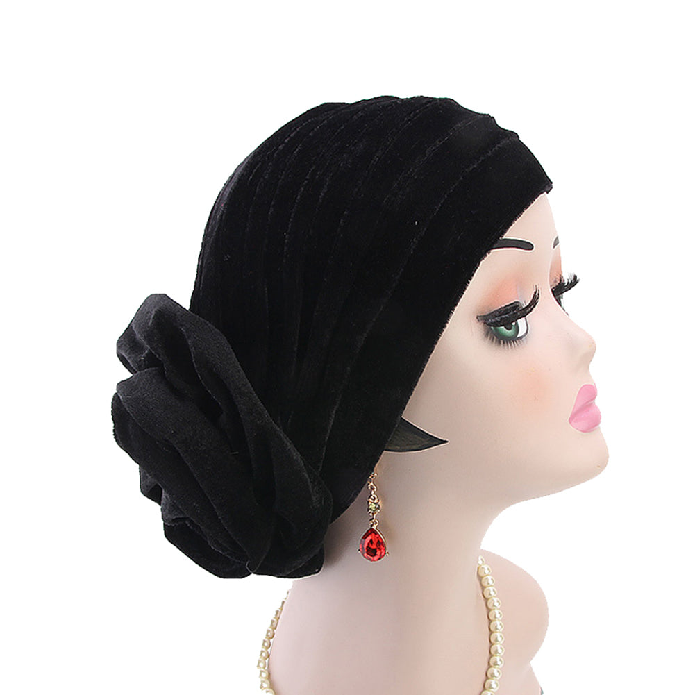 Solid Color Muslim Women Floral Turban Hat Velvet Chemo Cap Bandana Headwrap