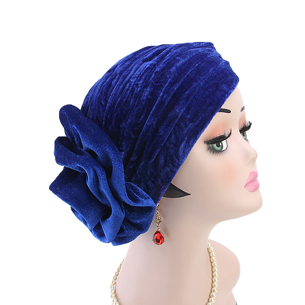 Solid Color Muslim Women Floral Turban Hat Velvet Chemo Cap Bandana Headwrap