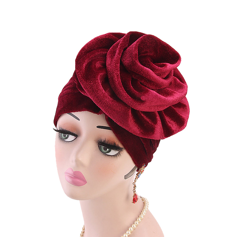 Solid Color Muslim Women Floral Turban Hat Velvet Chemo Cap Bandana Headwrap