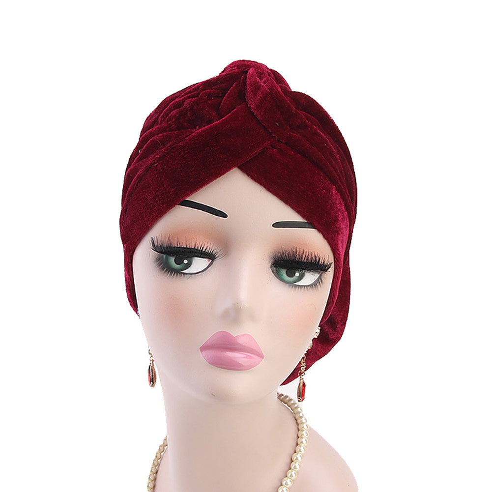 Solid Color Muslim Women Floral Turban Hat Velvet Chemo Cap Bandana Headwrap