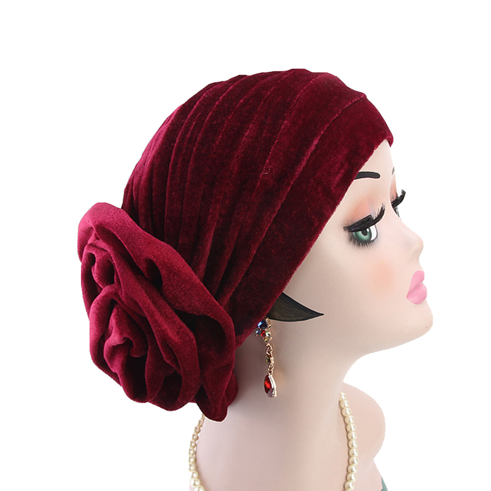 Solid Color Muslim Women Floral Turban Hat Velvet Chemo Cap Bandana Headwrap