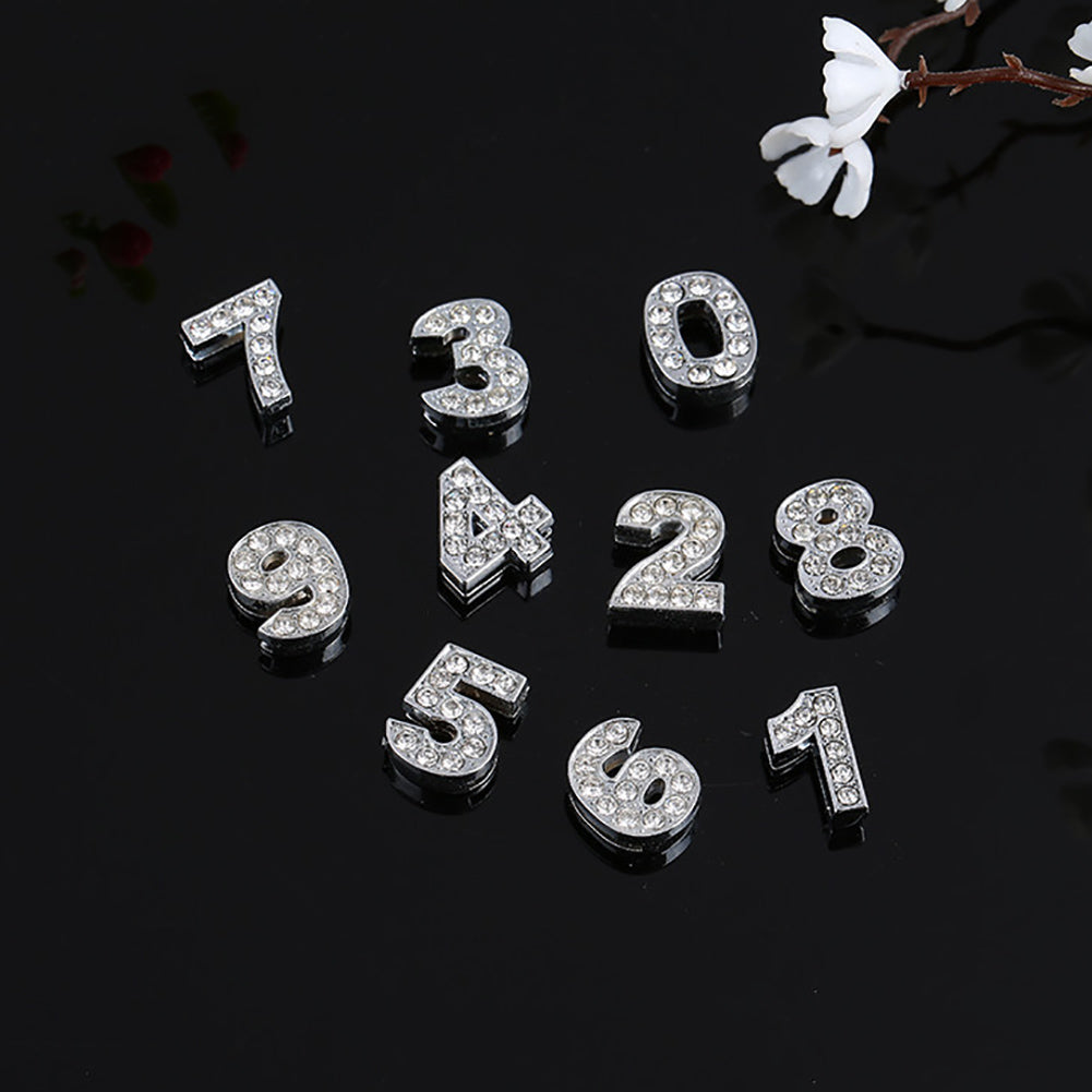 30Pcs 0-9 Mixed Full Rhinestone Slide Number Charm Beads 10mm for DIY Bracelet
