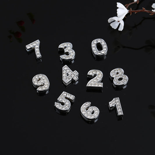 30Pcs 0-9 Mixed Full Rhinestone Slide Number Charm Beads 10mm for DIY Bracelet