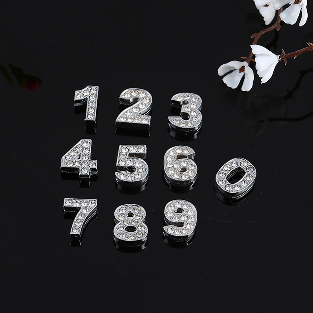 30Pcs 0-9 Mixed Full Rhinestone Slide Number Charm Beads 10mm for DIY Bracelet