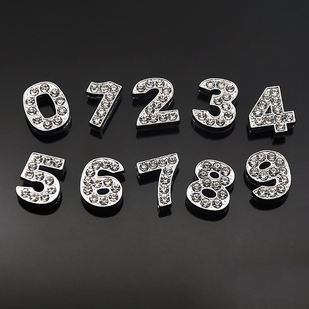 30Pcs 0-9 Mixed Full Rhinestone Slide Number Charm Beads 10mm for DIY Bracelet