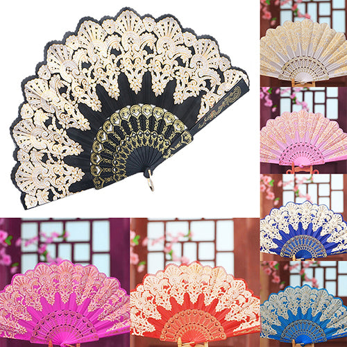 Ethnic Style Dance Party Wedding Golden Tone Hand Held Flower Folding Fan