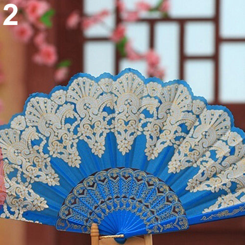 Ethnic Style Dance Party Wedding Golden Tone Hand Held Flower Folding Fan