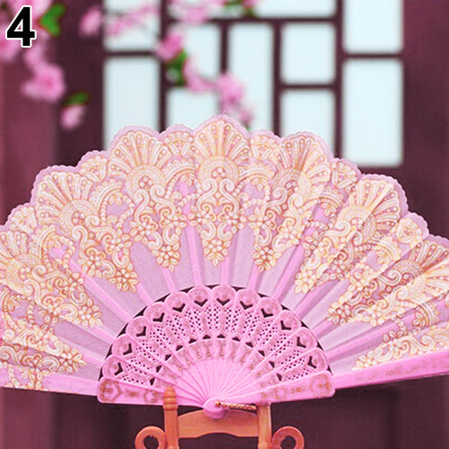 Ethnic Style Dance Party Wedding Golden Tone Hand Held Flower Folding Fan