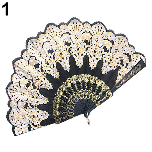 Ethnic Style Dance Party Wedding Golden Tone Hand Held Flower Folding Fan
